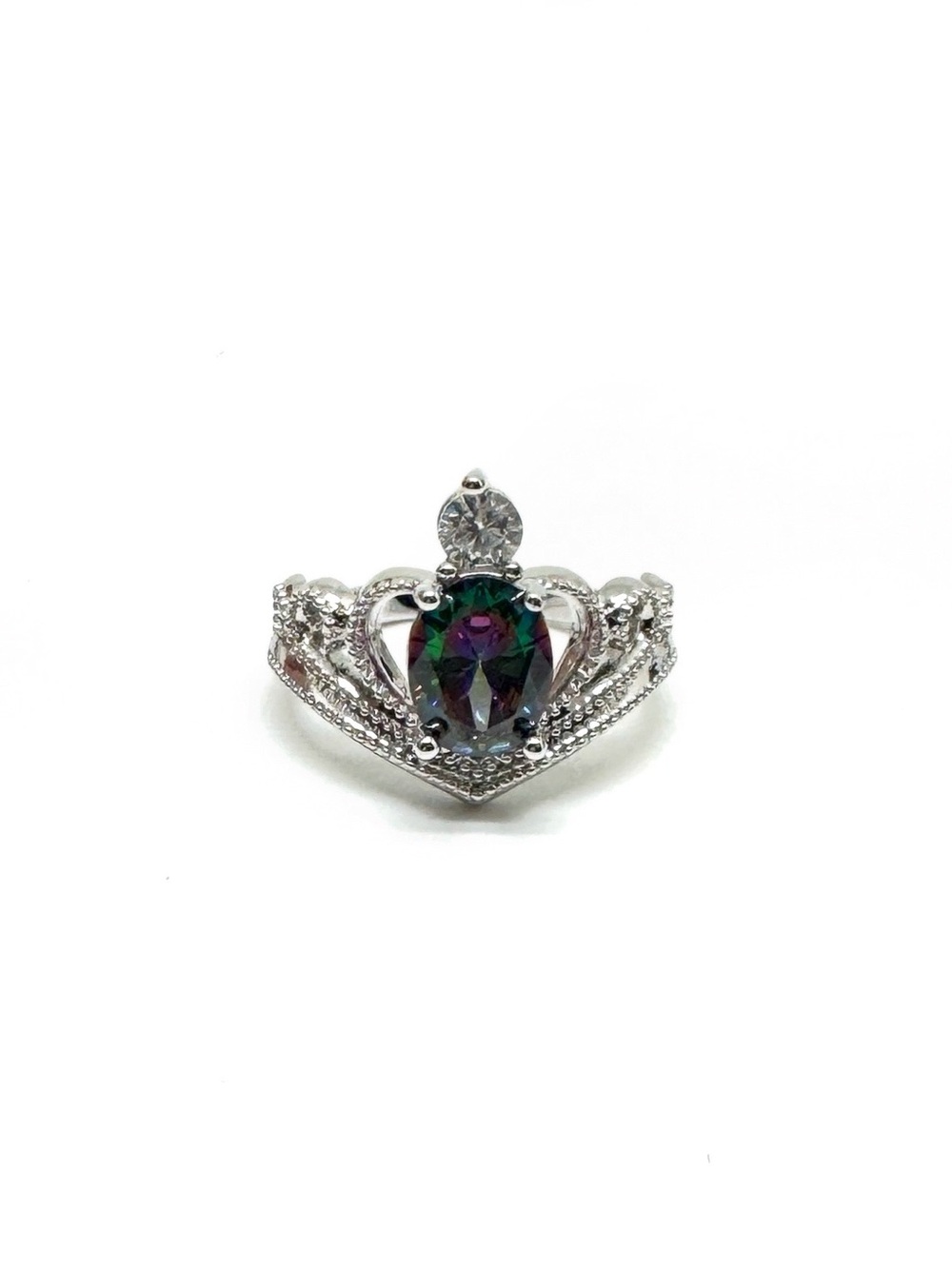 Sterling Silver Mystic Topaz CZ Heart Crown Ring - Size 7 1/2